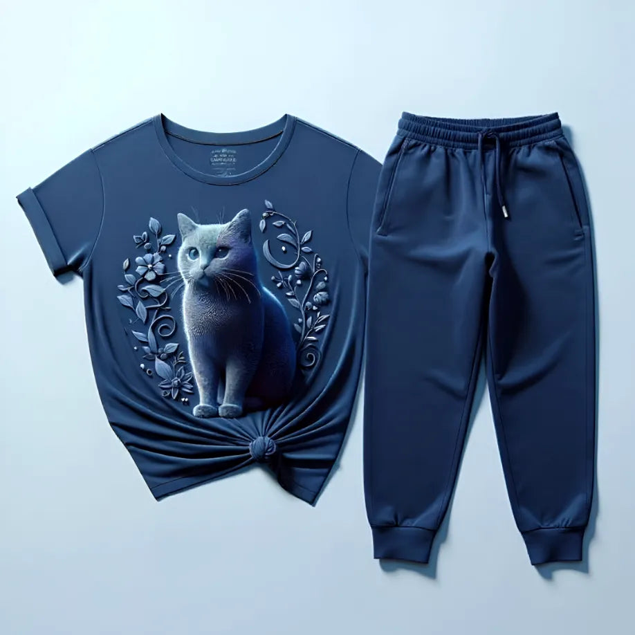 Women's Deep Blue Mystic Cat T-Shirt & Jogger Combo