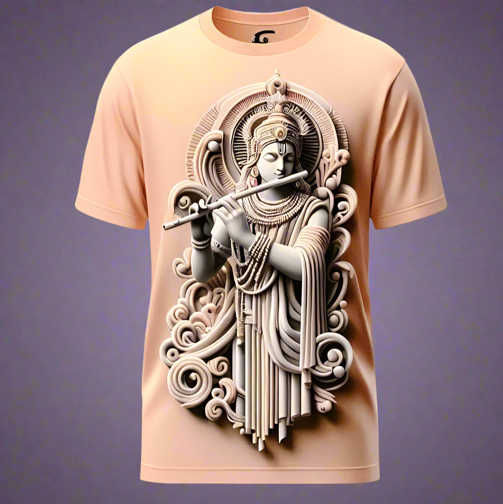Blissful Krishna Flute Soft Pink Round Neck Half Sleeve Cotton T - Shirt - Acquires