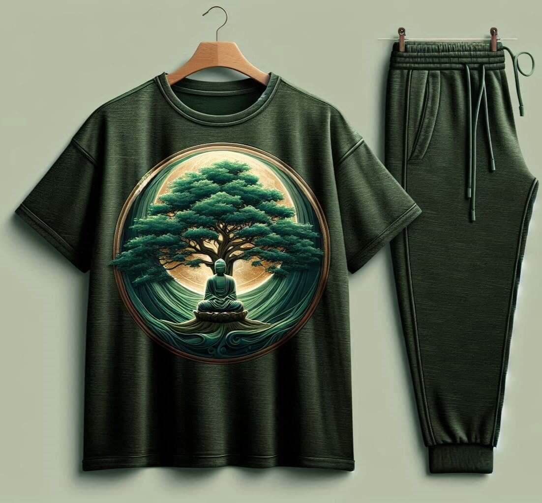 Buddha Embracing Tree Green Tracksuit Set with Plain Pant - Acquires