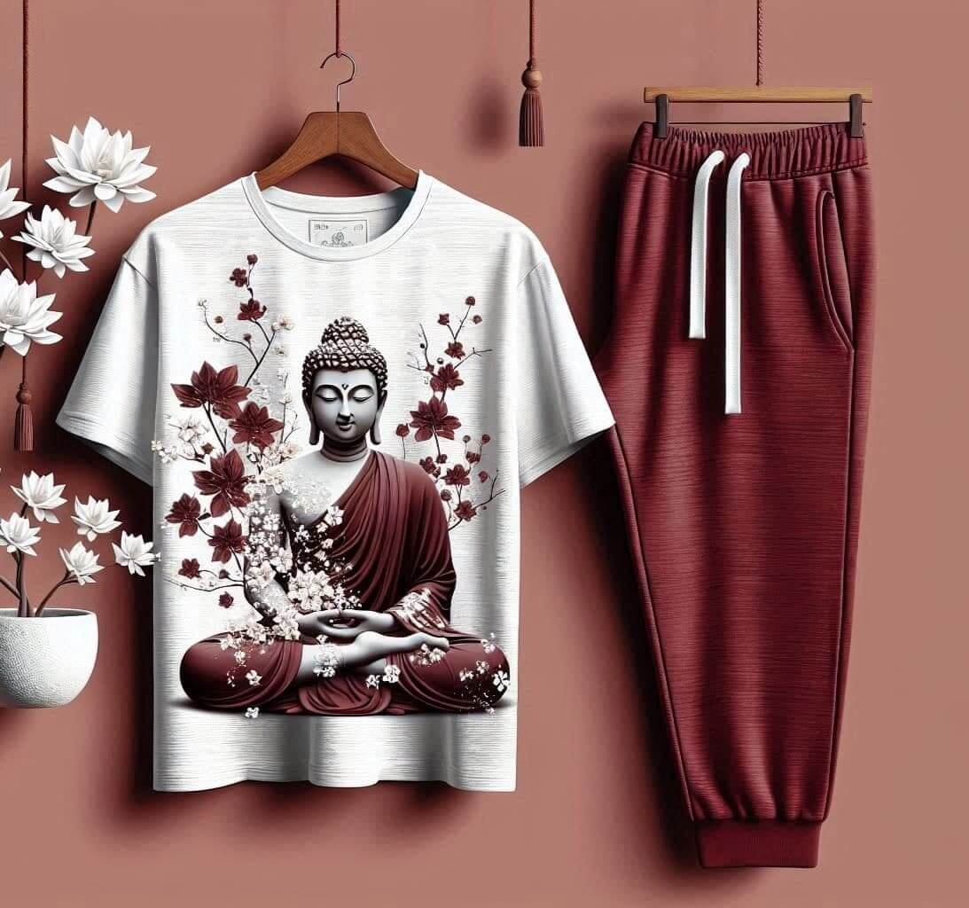 Buddha's Floral Embrace White T - Shirt with Maroon Trackpant Tracksuit Set - Acquires