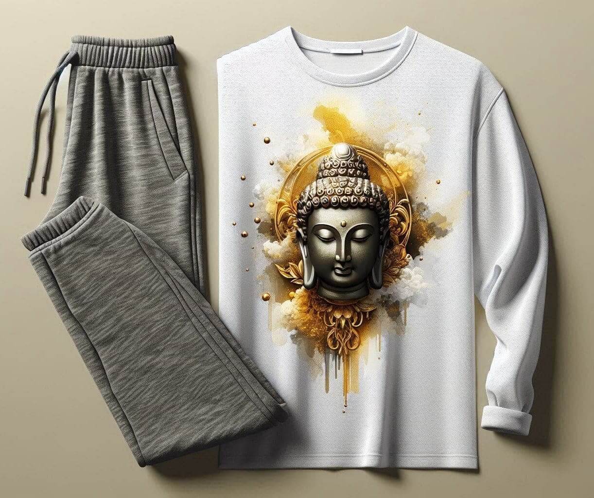 Buddha's Glory White T - Shirt with Grey Trackpant Tracksuit Set - Acquires