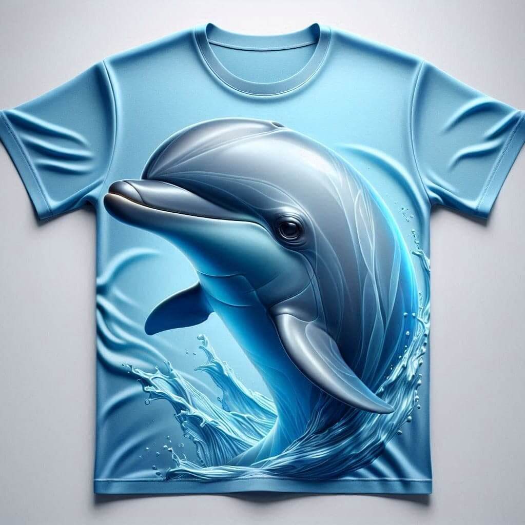 Cheerful Round Neck Blue Dolphin Sleeve Cotton T - Shirt - Acquires