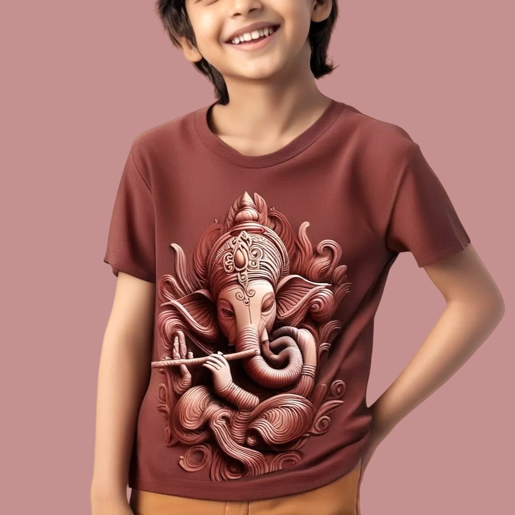 Kids Red Lord Ganesh Flute Tee - Divine Harmony