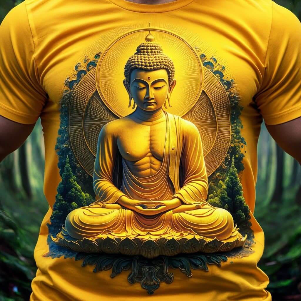 Radiant Yellow Buddha Elegant Round Neck Short Sleeve Cotton T - Shirt - Acquires