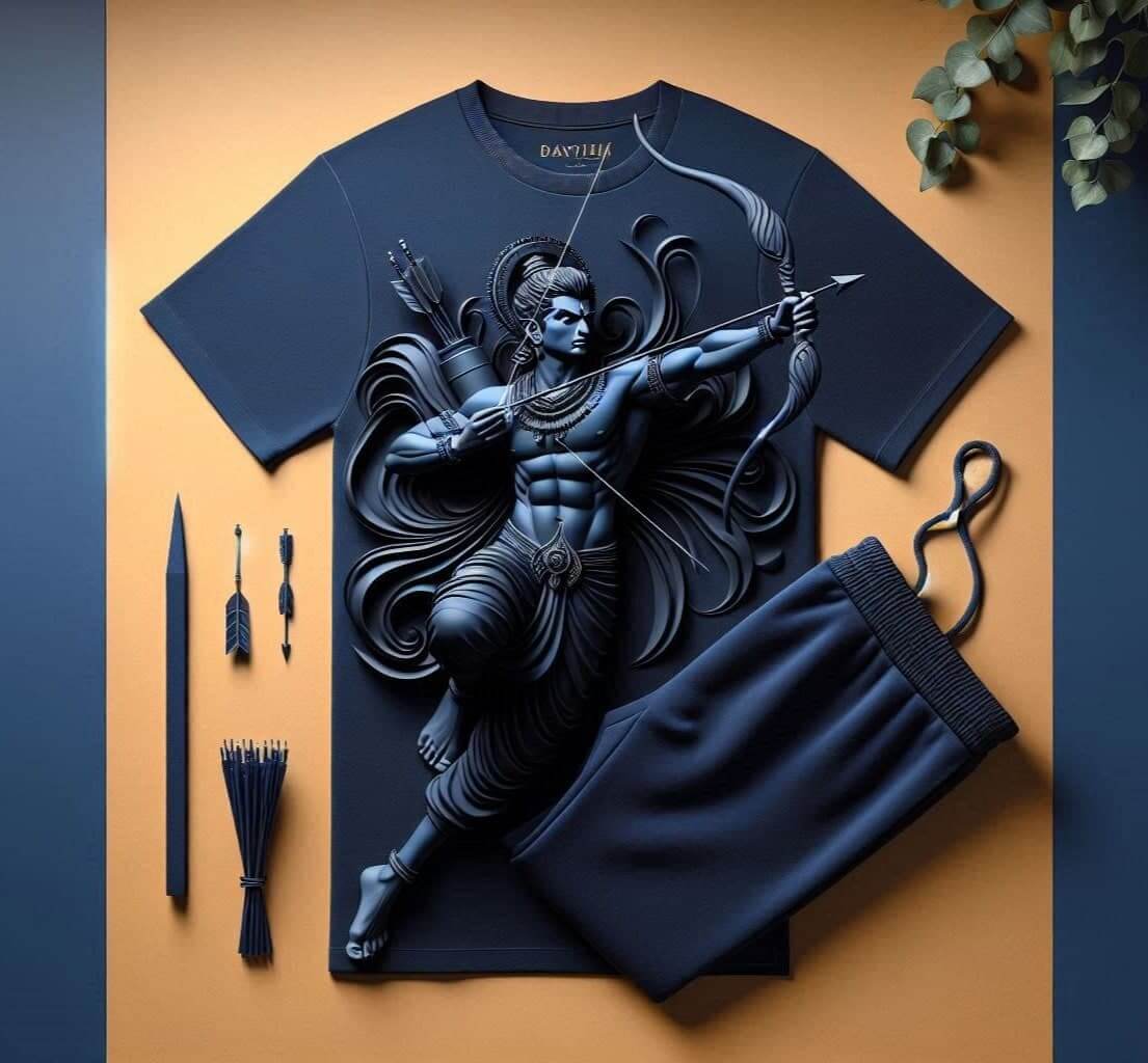 Sri Rama Ayodhya Avatar Dark Blue Tracksuit Set with Plain Pant - Acquires