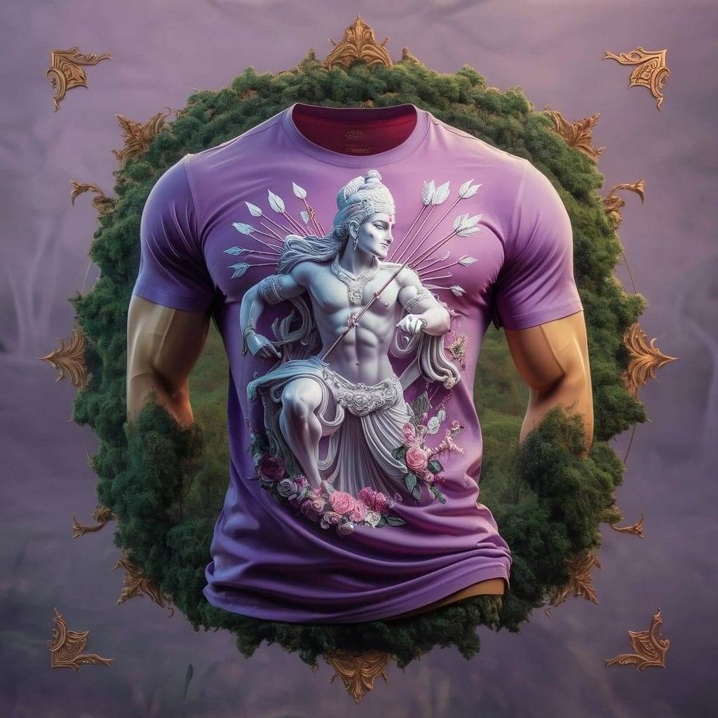 Sri Rama With Elegant Bow Light Purple Round Neck Half Sleeve Cotton T - Shirt - Acquires