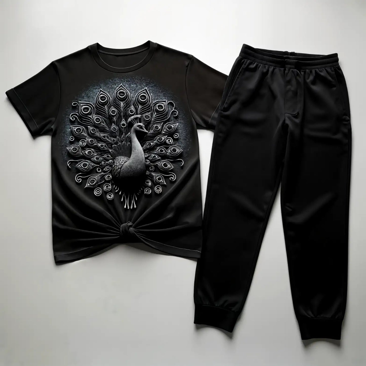 Women's Black Aura Peacock T-Shirt & Jogger Combo