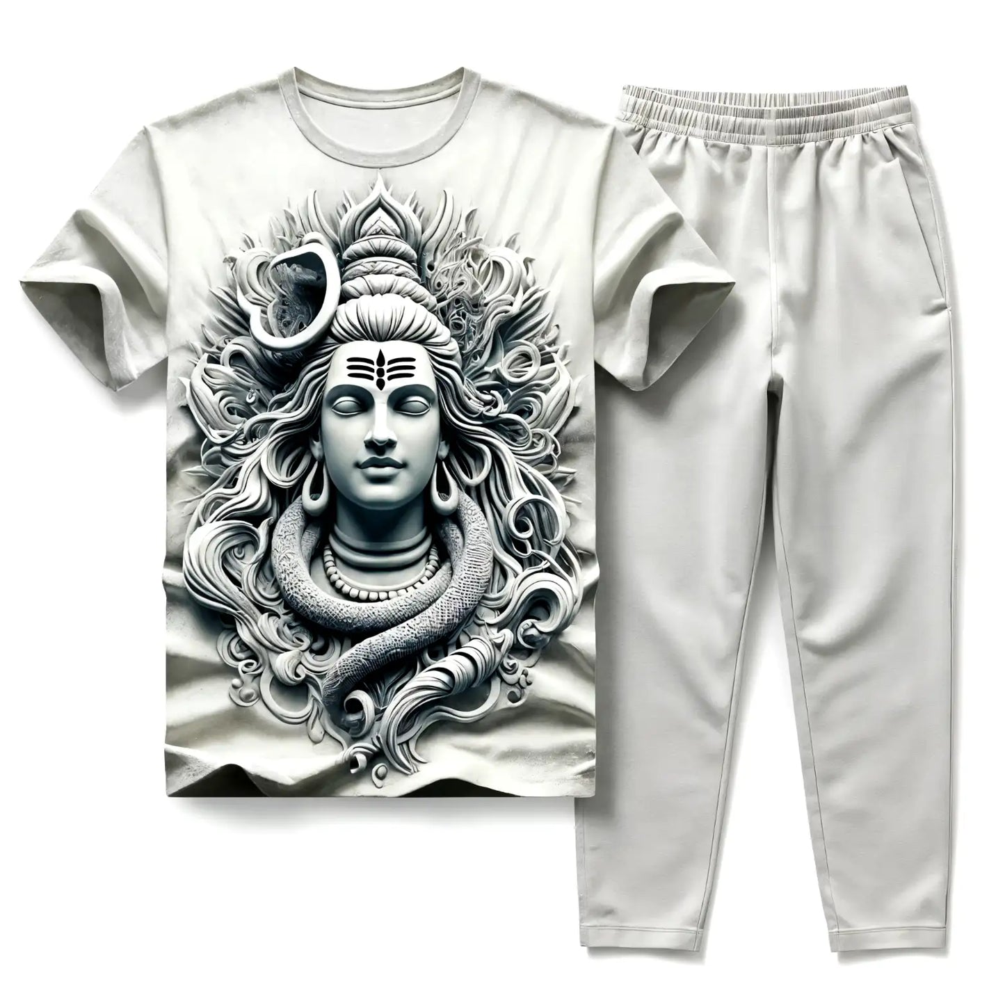 Lord Shiva Immortal White Tee with Misty Snow Jogger Tracksuit