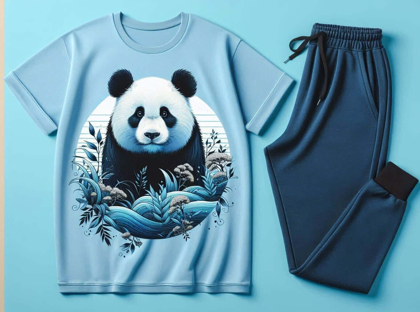 Beautiful Panda Sky Blue T-Shirt & Navy Blue Track Pant