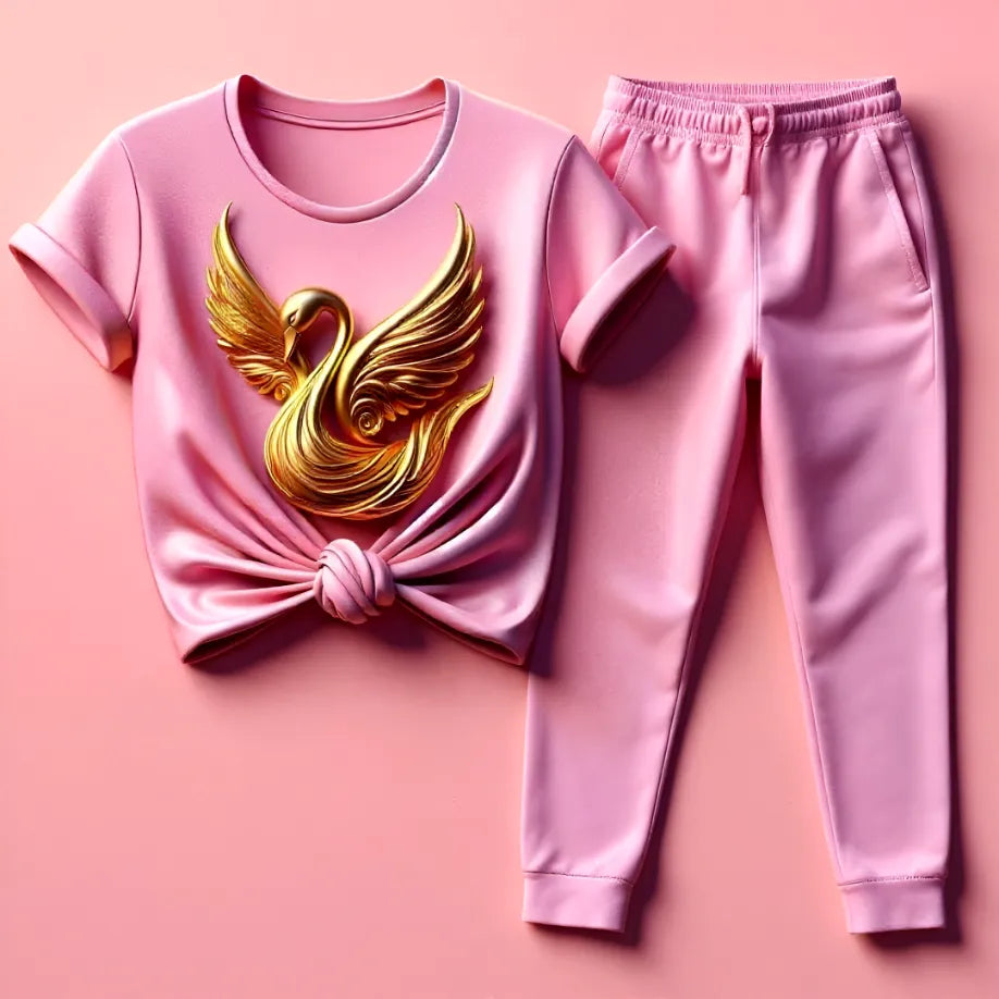 Women's Elegant Pink Golden Swan Tee & Jogger Combo