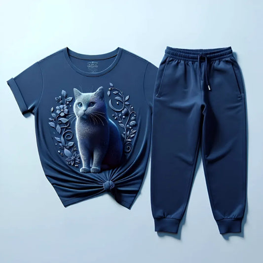 Women's Deep Blue Mystic Cat T-Shirt & Jogger Combo