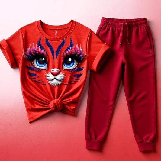 Women's Red Whisker Kitty Tee & Jogger Combo