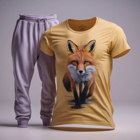 Epic Yellow Fox Design T-Shirt & Light Lavender Track Pant