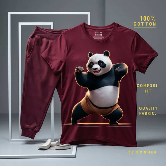 Panda Kungfu Pose Maroon Red T-Shirt & Track Pant