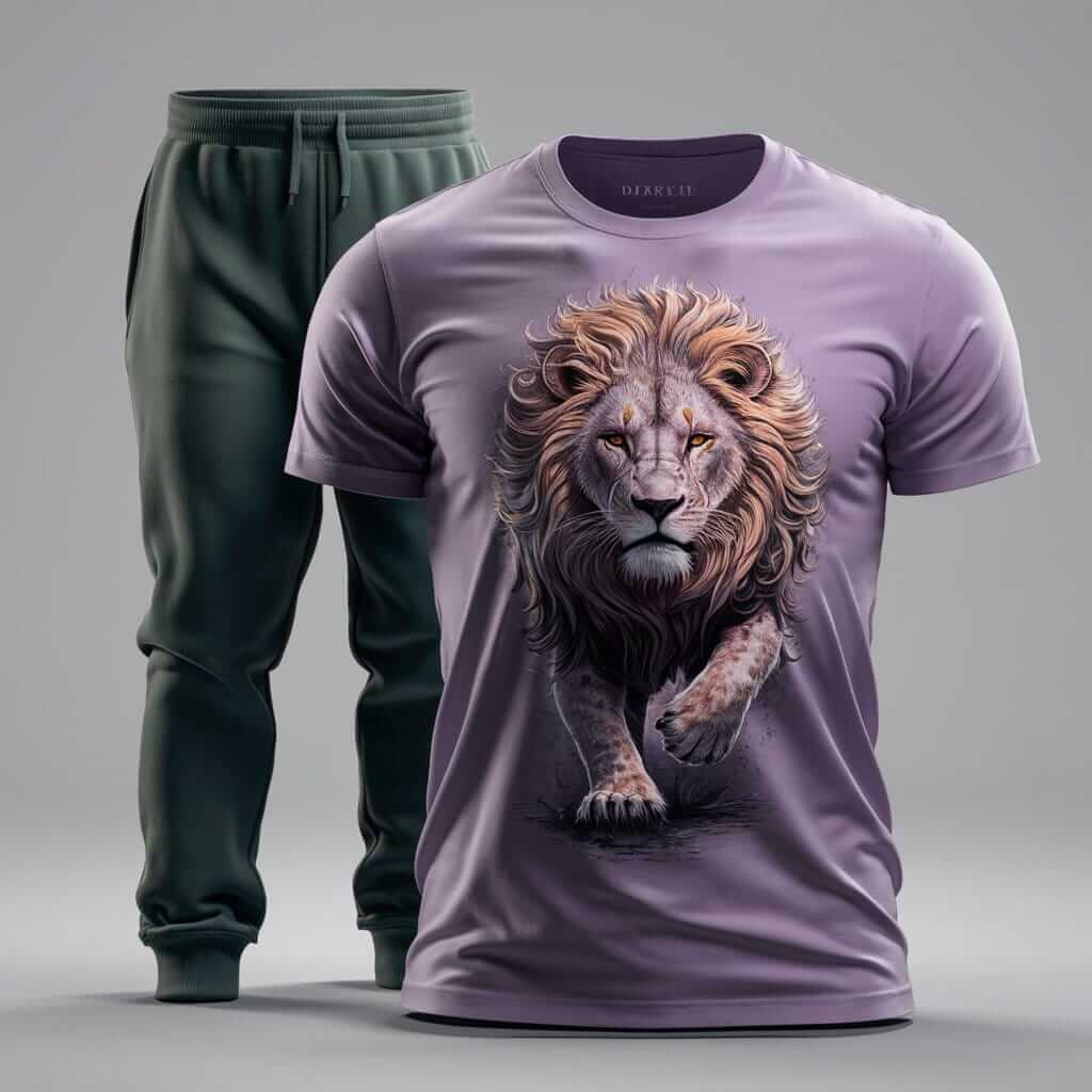 Powerful Lion Lavender T-Shirt With Dark Green Pant