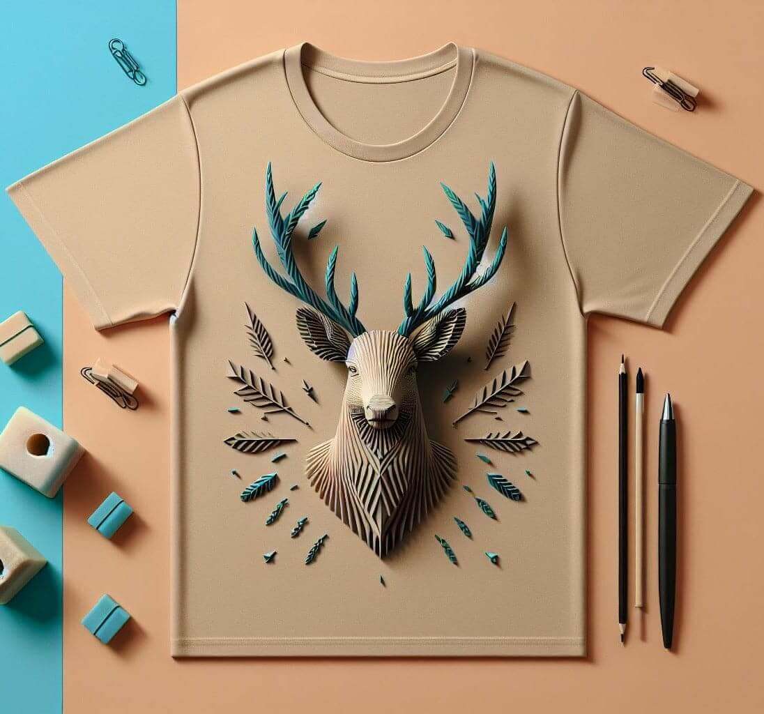 Abstract Deer Beige Color Cotton Short Sleeve T - Shirt - Acquires