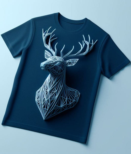 Abstract Deer Navy Blue Color Cotton Short Sleeve T - Shirt - Acquires