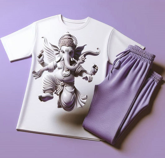 Abstract Jai Ganesha White T - Shirt with Lavender Trackpant Tracksuit Set - Acquires