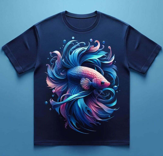 Aquatic Grace Betta Navy Blue Color Cotton Short Sleeve T - Shirt - Acquires