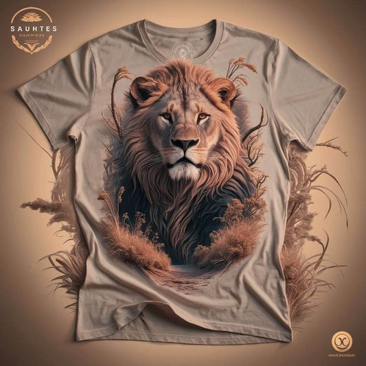 Artistic Beige Lion Contemporary Round Neck Half Sleeve Cotton T - Shirt - Acquires