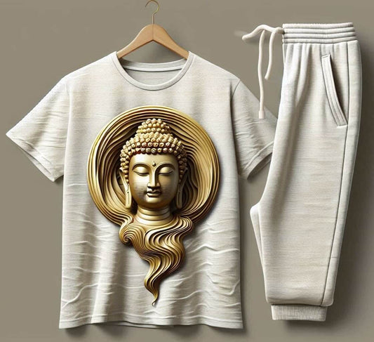 Artistic Buddha White T - Shirt with Grey Trackpant Tracksuit Set - Acquires