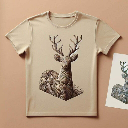 Beige Deer Print Casual Cotton Half Sleeve T - Shirt for Nature Lovers - Acquires