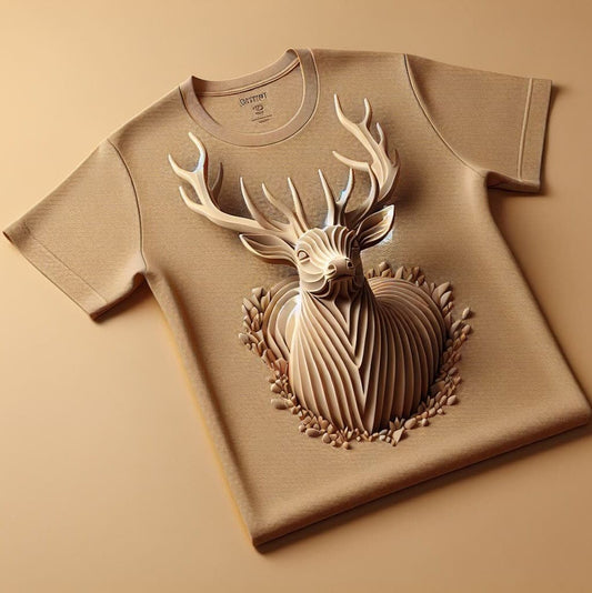 Beige Deer Print Casual Cotton Short Sleeve T - Shirt - Acquires