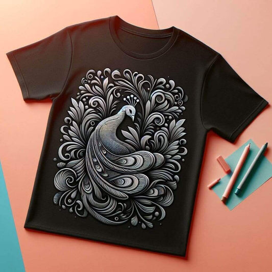 Black Enchanted Peacock Tee - Fantastical and Elegant - Acquires