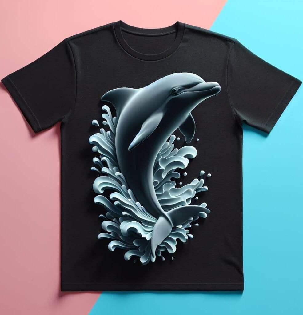 Black Graceful Dolphin Wave Cotton Half Sleeve T - Shirt - Acquires