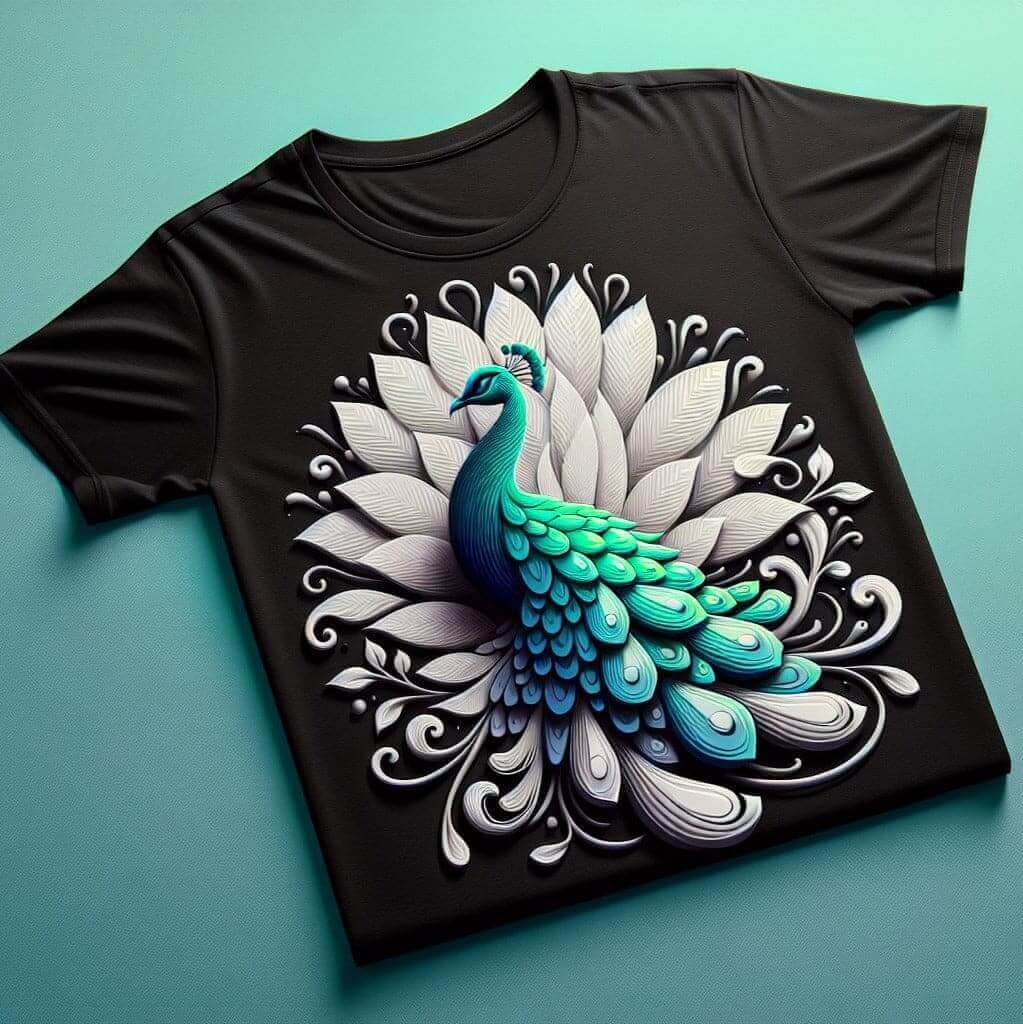 Black Peacock Elegance Gala Short Sleeve Cotton Round Neck T - Shirt - Acquires