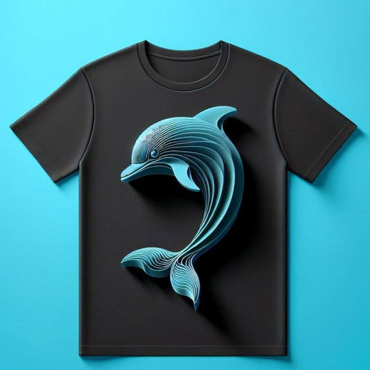 Black Playful Aqua Dolphin Print Round Neck Short Sleeve Cotton T - Shirt - Acquires