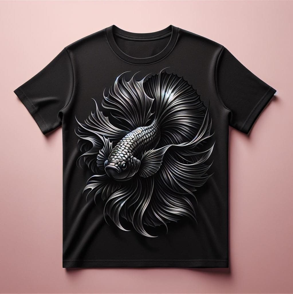 Black Swirling Betta Design Printed Round Neck Short Sleeve Cotton T - Shirt - Acquires