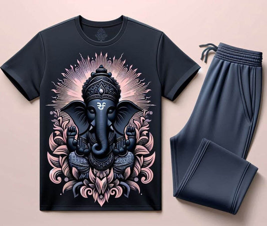 Blessed Ganesha Black Tracksuit Set with Plain Pant - Acquires