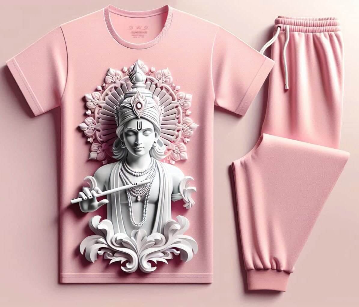 Blissful Krishna with Flute Pink Tracksuit Set with Plain Pant - Acquires