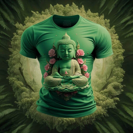 Blossom Buddha Forest Green Rounded Neck Half Sleeve Cotton T - Shirt - Acquires