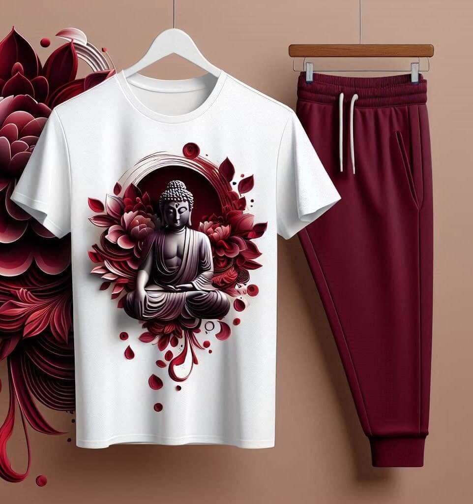 Blossom Buddha White T - Shirt with Maroon Trackpant Tracksuit Set - Acquires