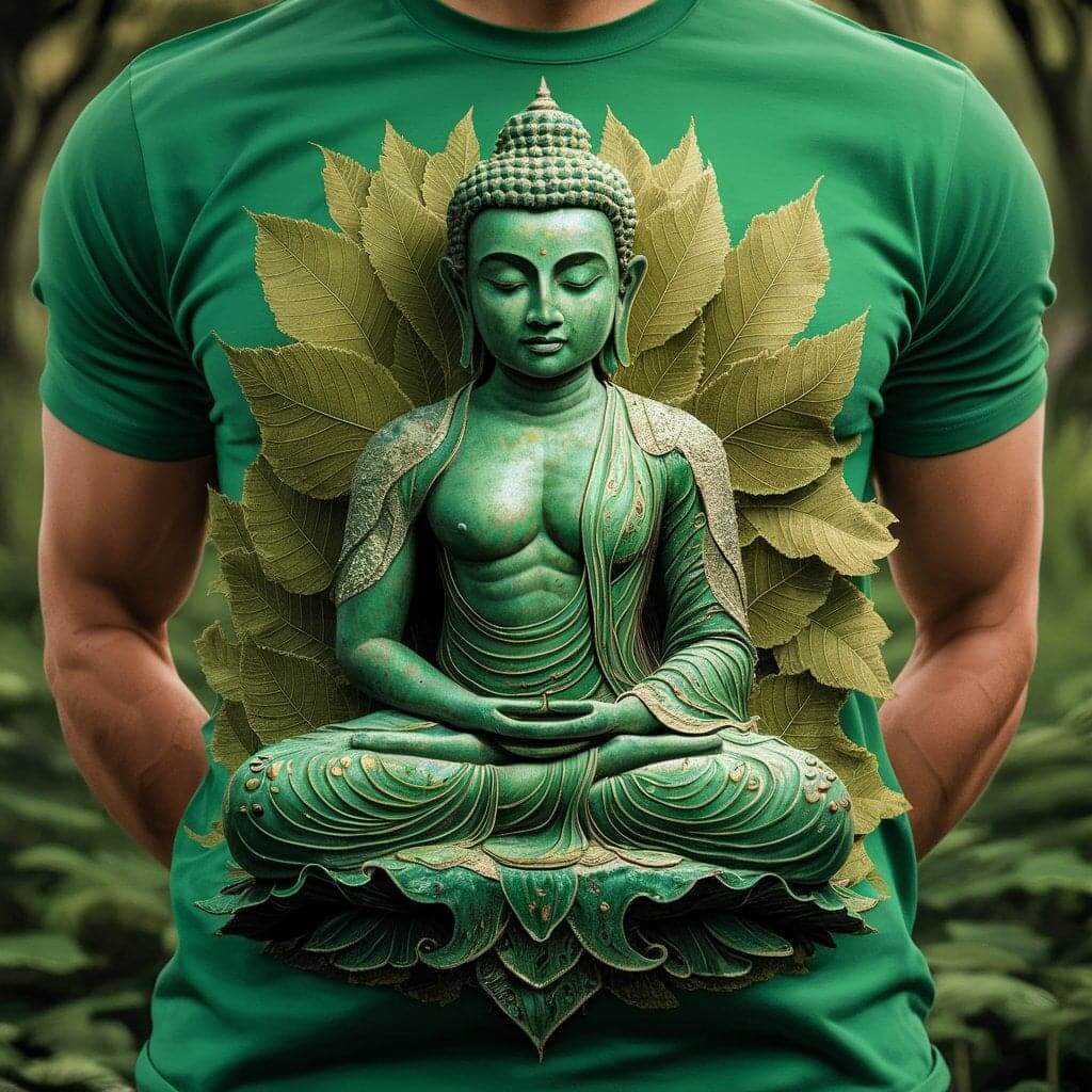 Blossom Meditation Buddha Green Tranquil Round Neck Half Sleeve Cotton T - Shirt - Acquires