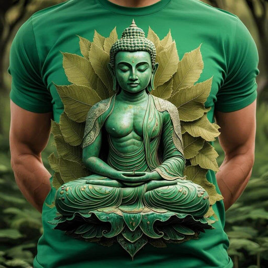 Blossom Meditation Buddha Green Tranquil Round Neck Half Sleeve Cotton T - Shirt - Acquires