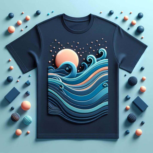 Blue Waves Sunset Graphic Cotton Half Sleeve T - Shirt - Acquires