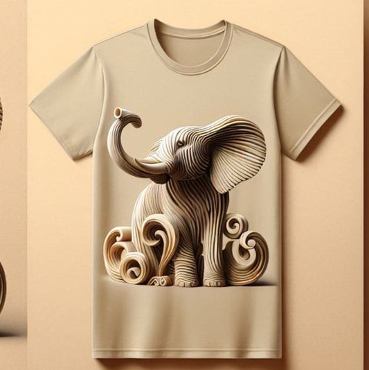 Curled Trunk Elephant Beige Cotton Half Sleeve T - Shirt - Acquires