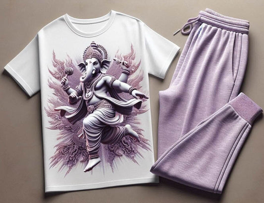 Dancing Lord Ganesha White T - Shirt with Lavender Trackpant Tracksuit Set - Acquires