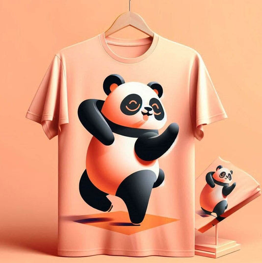 Dancing Peach Panda Trendy Round Neck Short Sleeve Cotton T - Shirt - Acquires