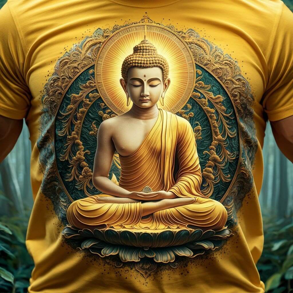 Dazzling Buddha Golden Yellow Round Neck Classic Half Sleeve Cotton T - Shirt - Acquires