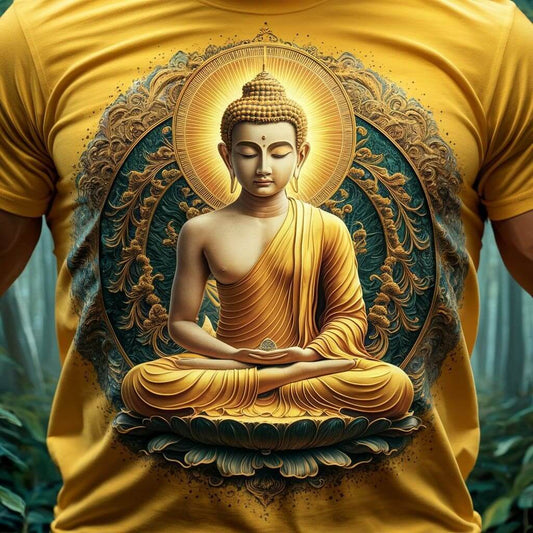 Dazzling Buddha Golden Yellow Round Neck Classic Half Sleeve Cotton T - Shirt - Acquires