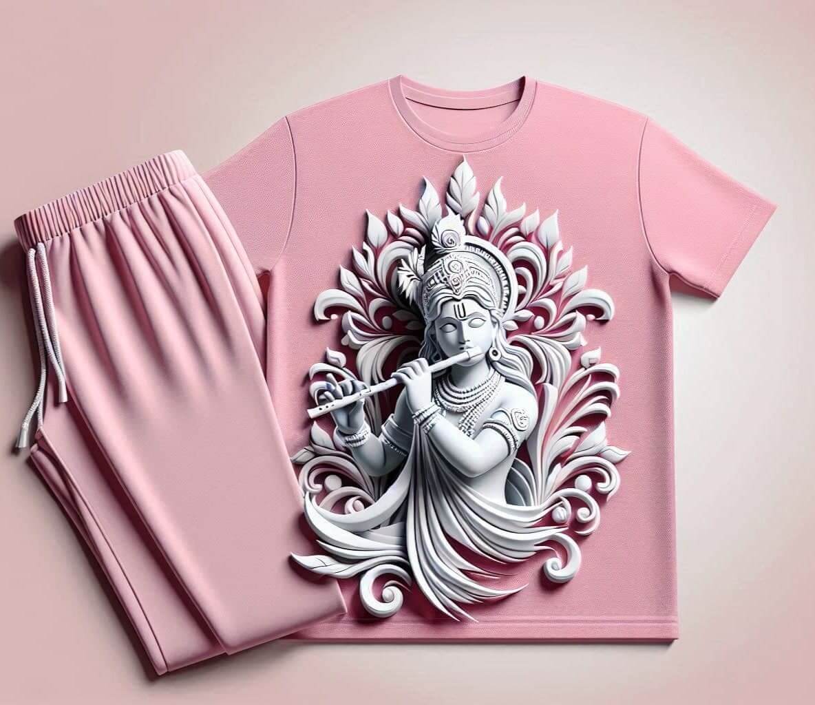 Divine Flute Krishna Pink Tracksuit Set with Plain Pant - Acquires