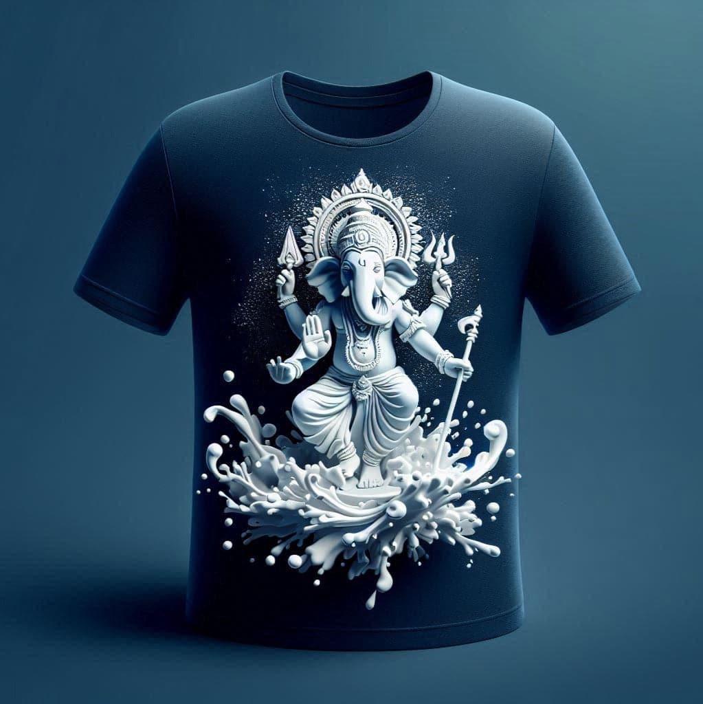 Divine Ganapati Moonlight Blue Relaxed Fit Round Neck Half Sleeve Cotton T - Shirt - Acquires