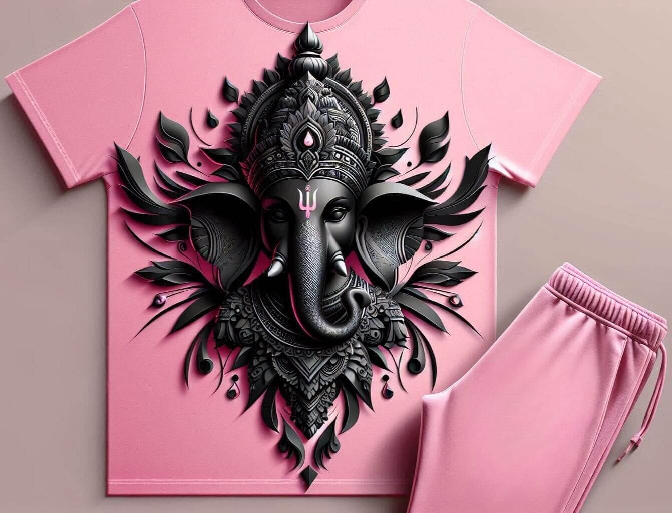 Divine Grace Ganesha Pink Tracksuit Set with Plain Pant - Acquires