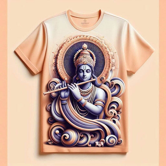 Divine Krishna Flute Soft Blue Round Neck Half Sleeve Cotton T - Shirt - Acquires