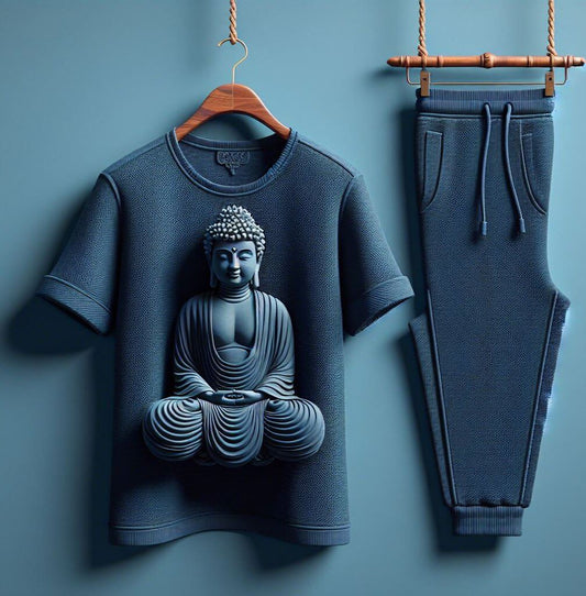 Elegant Navy Blue Buddha T - Shirt & Track Pant - Acquires