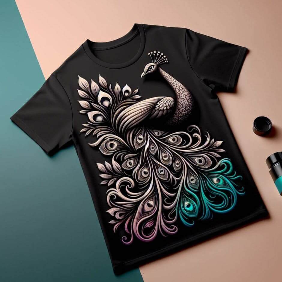 Elegant Peacock Black Cotton Half Sleeve T - Shirt - Acquires